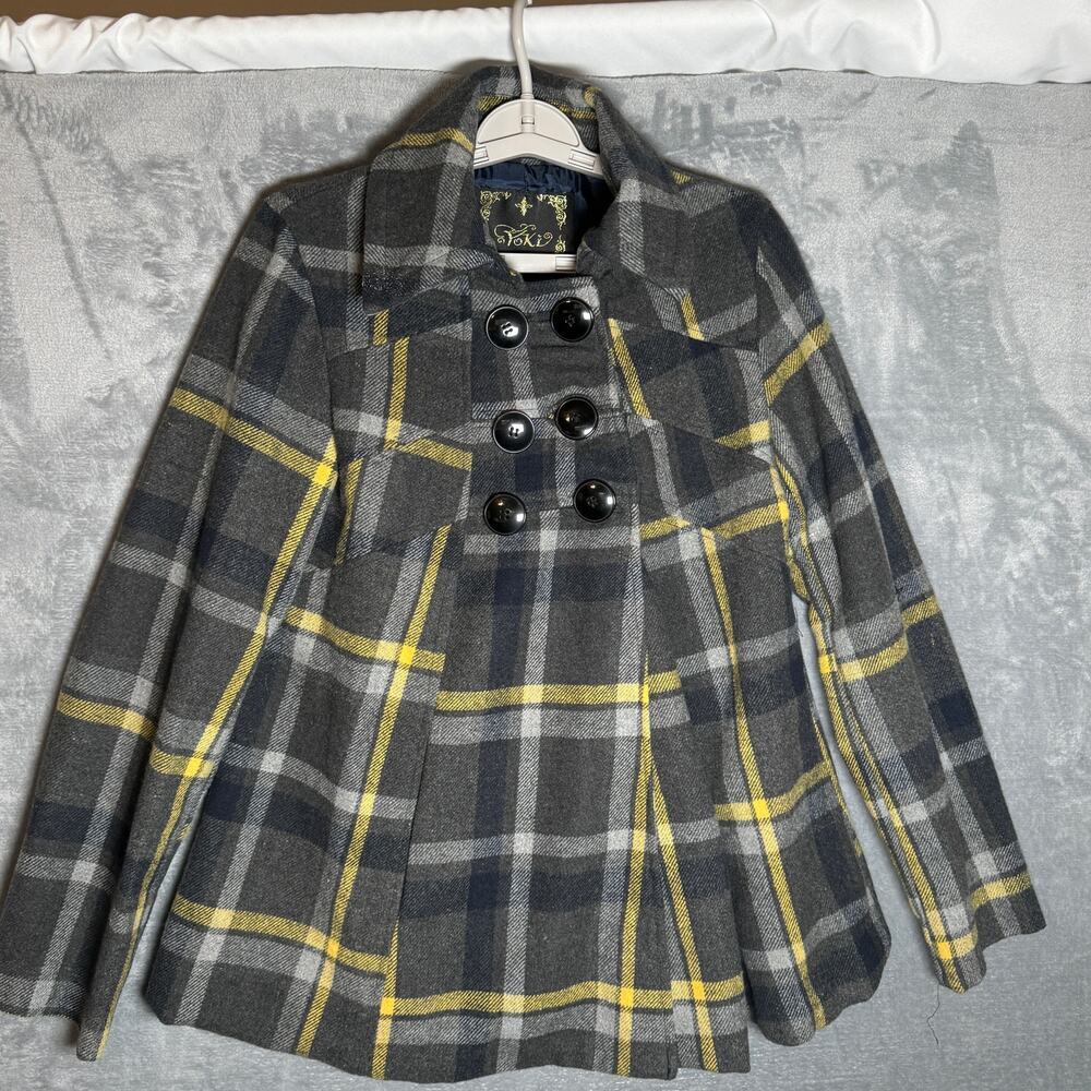 Toki Couture Wool Blend Plaid Peacoat Womens Gray Mustard Double Breasted Jacket
